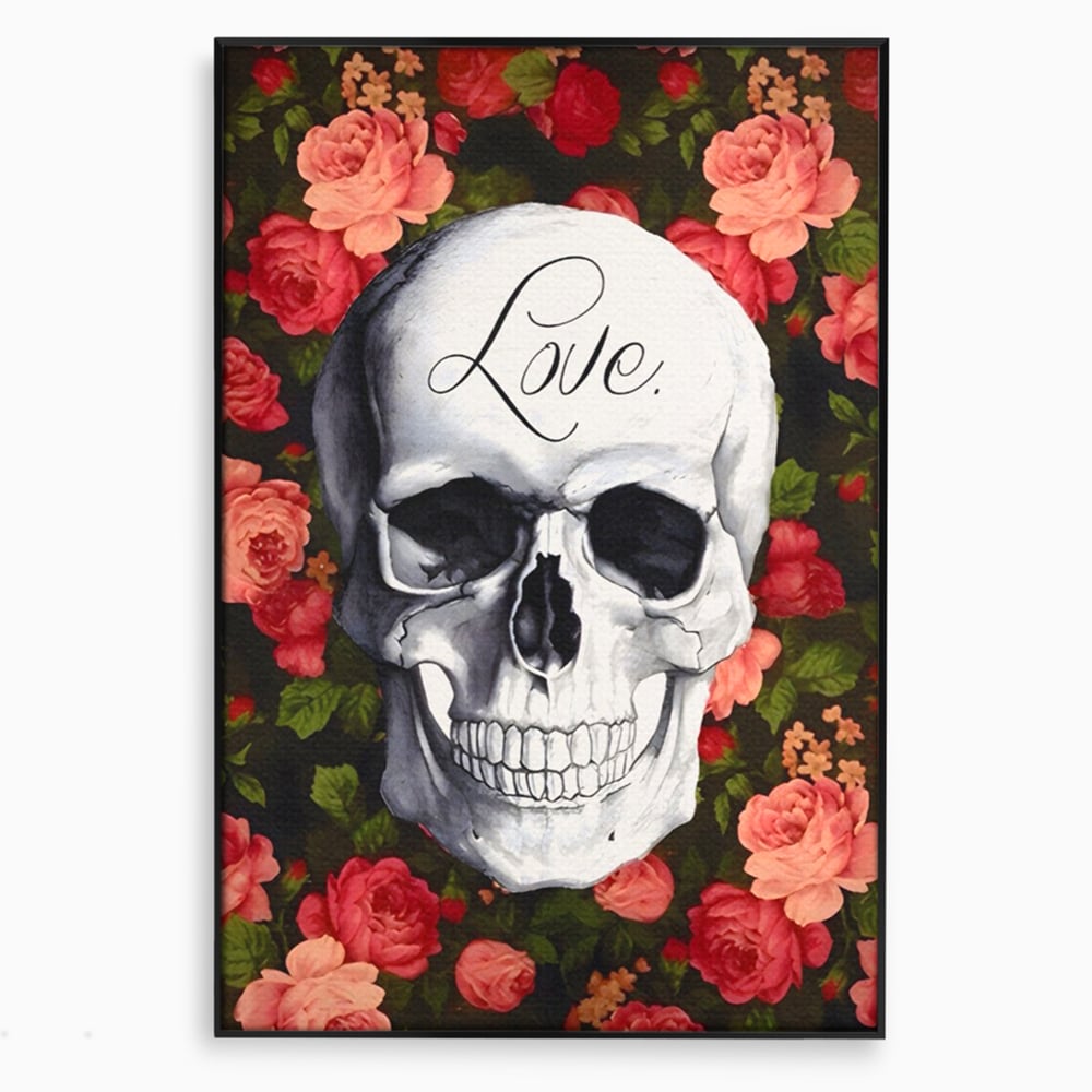 Tablou canvas cu tablou canvas cu craniu si trandafiri, in rama de aluminiu negru